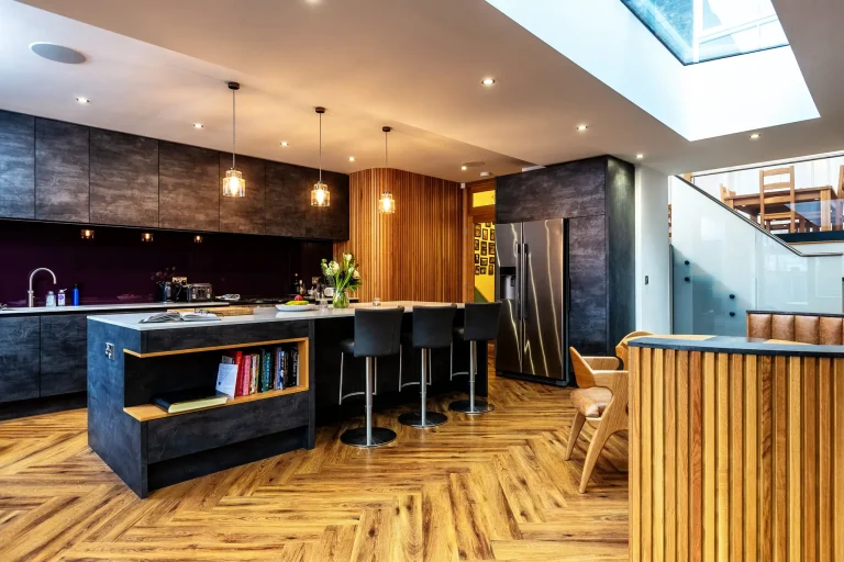 Kitchen with timber island and roof light at Burdon Terrace, Newcastle
