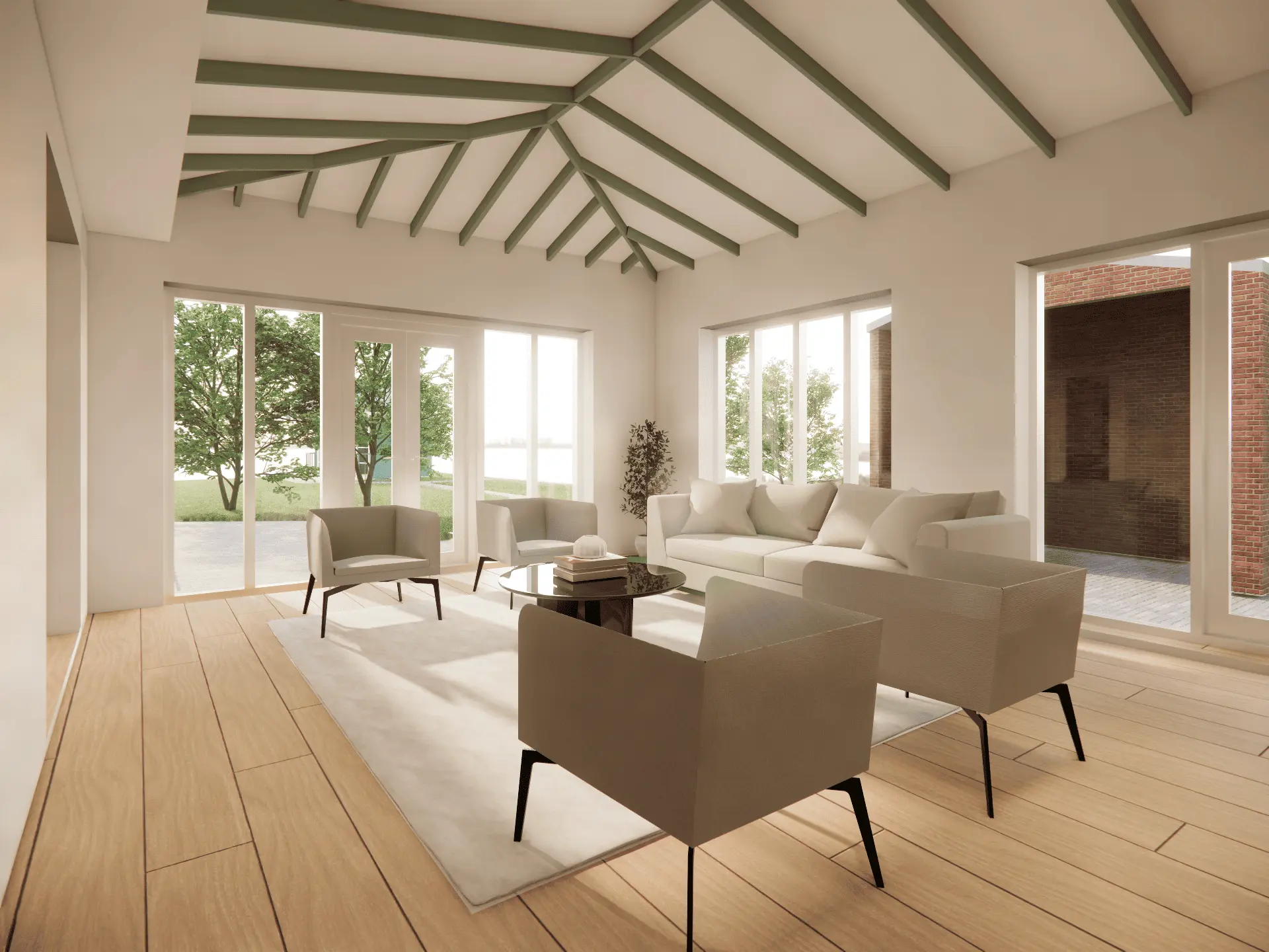 Exposed beam ceiling shown on our 3D render of our redesign for this Darras Hall home. Plenty of glazing floor to ceiling and minimalist furnishings. Acre Design architectural designs Newcastle.