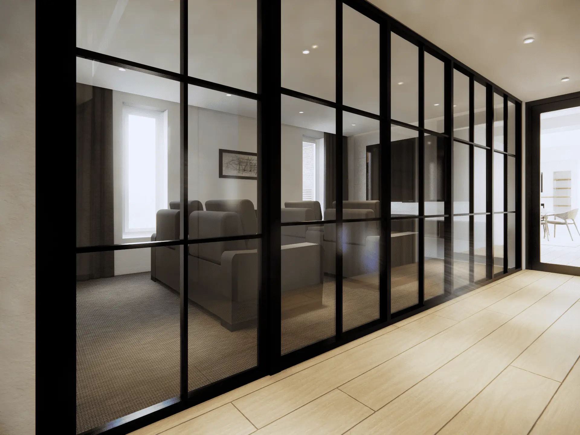A 3D render of a view through critall doors of a home cinema we designed for our home renovation project in Darras Hall, Northumberland