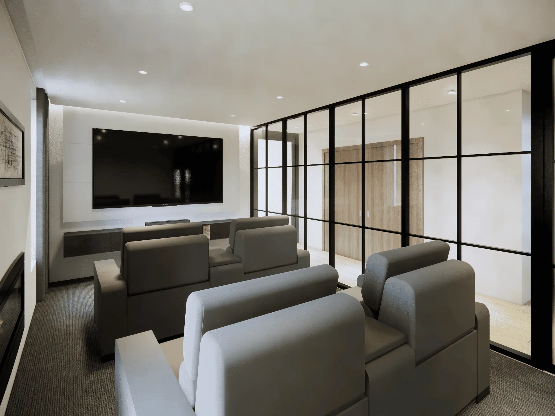 A 3D visual for our project in Darras Hall, Northumberland showing their proposed home cinema room with critall glass doors and large comfortable movie seating