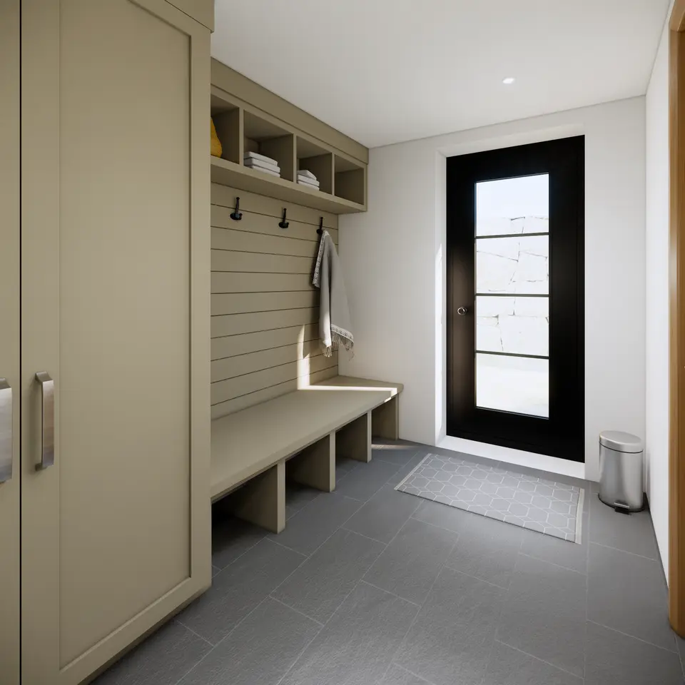 Boot room with storage and modern sleek design 3D visual of design for loft conversion and side extension to a Victorian period property in Low Fell, Gateshead Boot room with storage and modern sleek design 3D visual of design for loft conversion and side extension to a Victorian period property in Low Fell, Gateshead