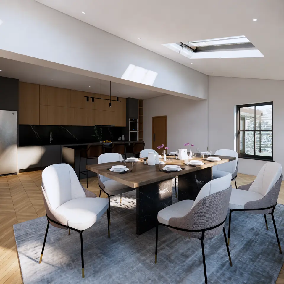 Dining area of an open plan kitchen, living and dining space 3D visual of design for loft conversion and side extension to a Victorian period property in Low Fell, Gateshead Dining area of an open plan kitchen, living and dining space 3D visual of design for loft conversion and side extension to a Victorian period property in Low Fell, Gateshead