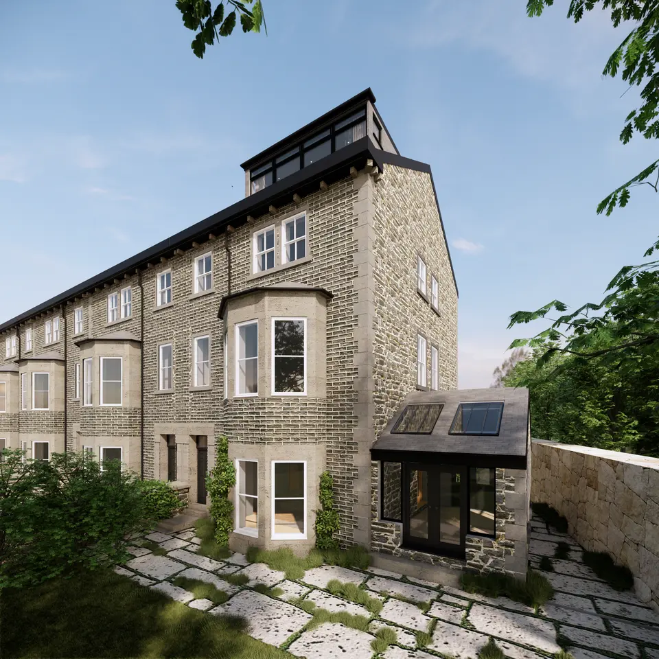 External front view 3D visual of design for loft conversion and side extension to a Victorian period property in Low Fell, Gateshead