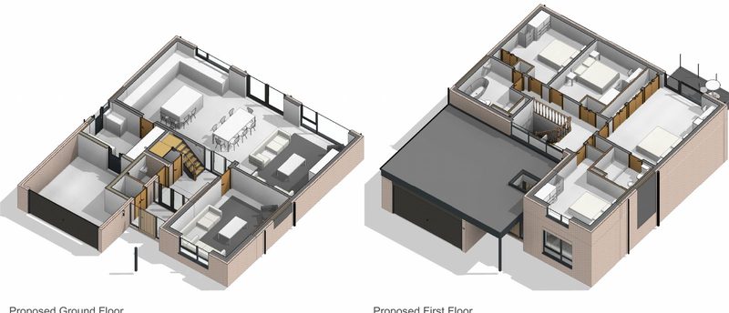 3D cutaway views of a proposed ground floor and first floor layout, showing how the rooms and stairs fit together