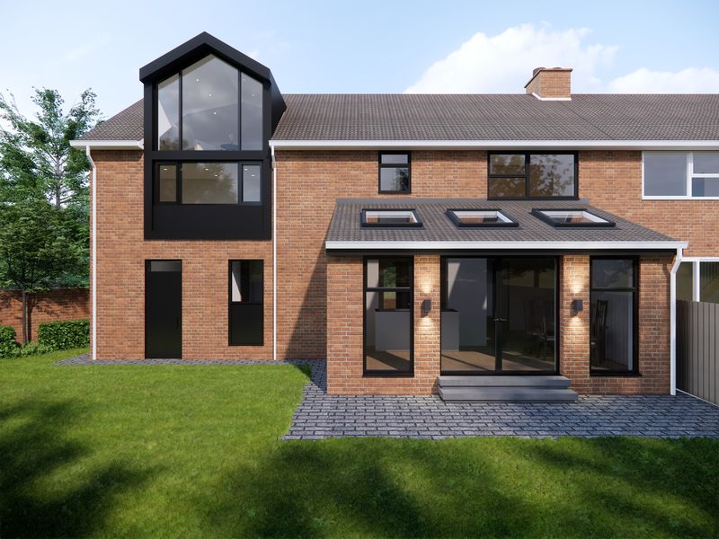 3D visual of a proposed single-storey rear extension with rooflights on a red brick semi-detached house with a dormer gable