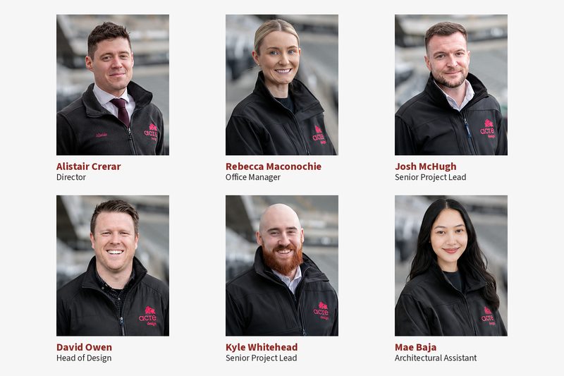 The Acre Design team: Alistair Crerar, Rebecca Maconochie, Josh McHugh, David Owen, Kyle Whitehead and Mae Baja