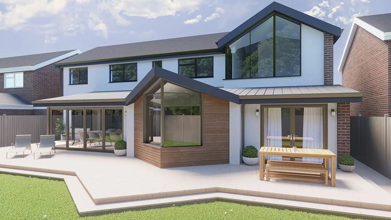 3D visualisation of a proposed two-storey rear extension with large glazed gables at a home in Whitley Bay