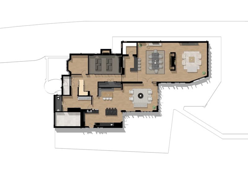 Rendered floor plan of a proposed home redesign at Darras Hall, Northumberland