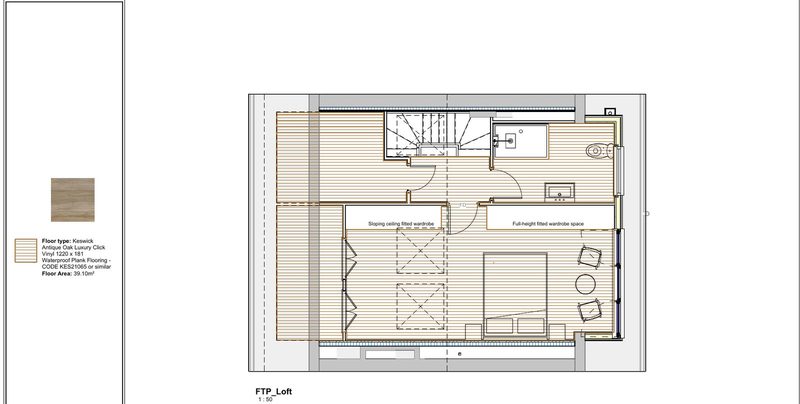 Flooring plan for a loft conversion showing the bedroom, ensuite, fitted wardrobes and staircase