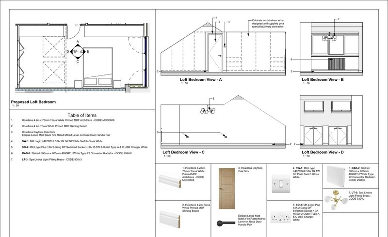 Interior fit-out drawing for a loft bedroom with a plan, four internal elevations and a schedule of doors and finishes