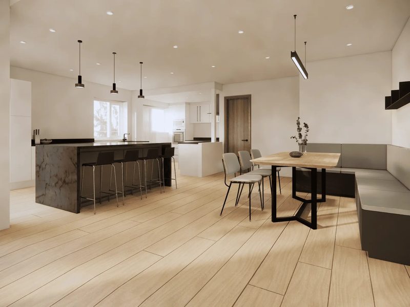 3D visualisation of a proposed open-plan kitchen and dining area for a home renovation at Darras Hall