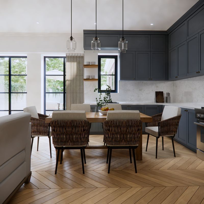 3D visualisation of a proposed kitchen and dining space with herringbone flooring and dark cabinetry