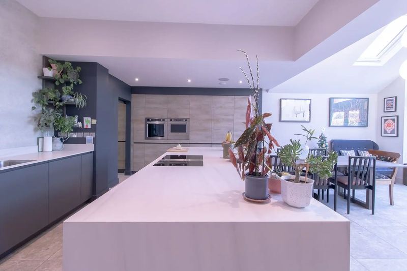Large open-plan kitchen extension with rooflights at a period home in Monkseaton, North Tyneside