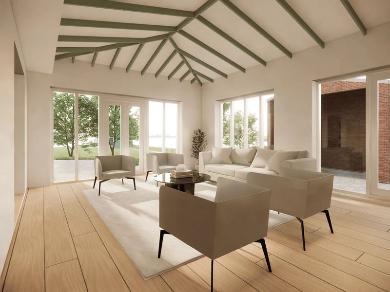 3D visualisation of a proposed living area with exposed roof beams at a home in Darras Hall, Northumberland