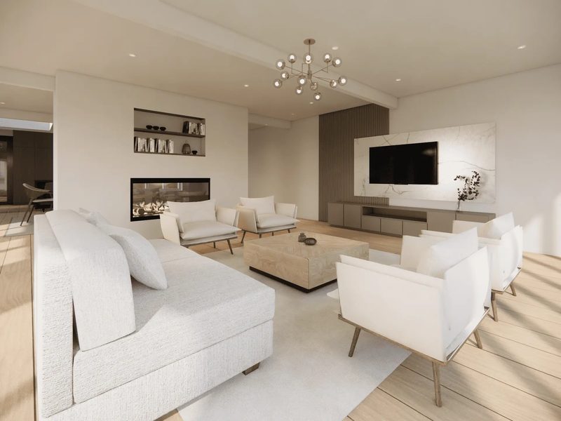 3D visualisation of a proposed living room with white sofas and built-in media wall for a home renovation at Darras Hall