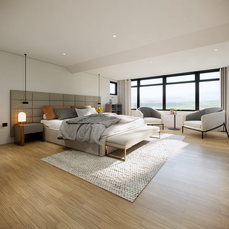 3D visualisation of a proposed loft main bedroom with a wide dormer window, seating area and views across the rooftops in Low Fell, Gateshead