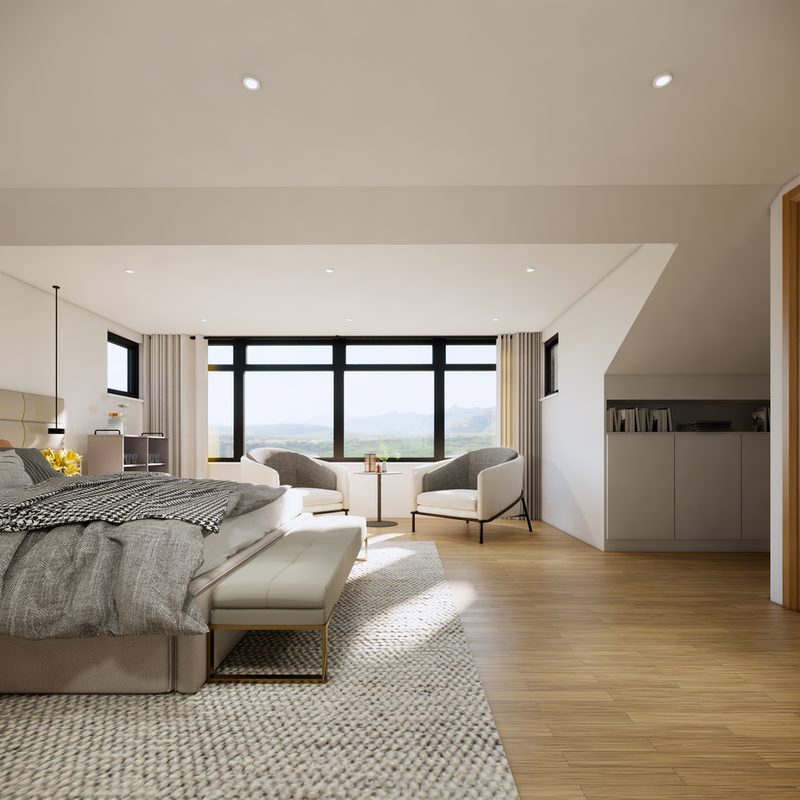 3D visualisation of the same proposed loft bedroom from another angle, showing built-in storage under the sloping ceiling