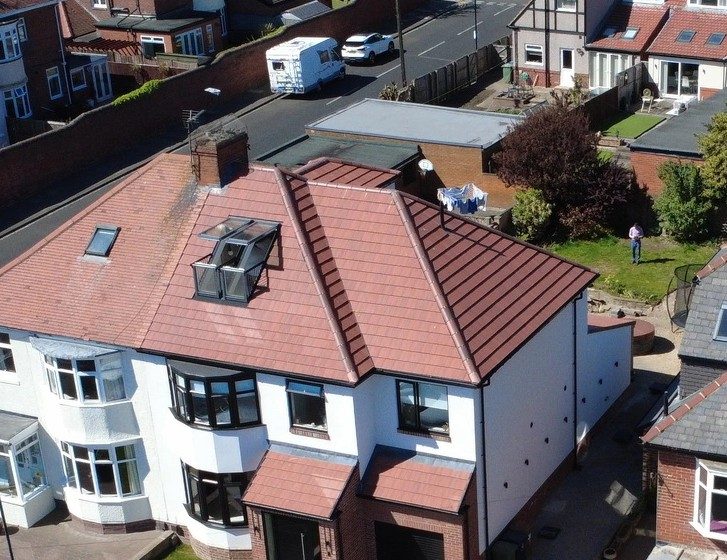 Aerial view of the same Sunderland home after its loft conversion, with new glazing set into the roof