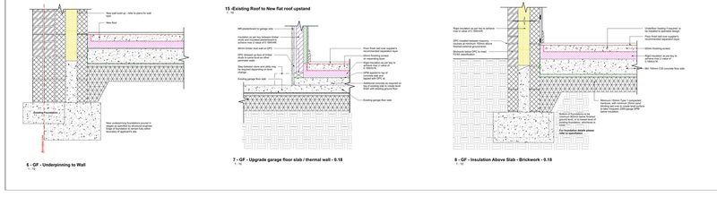 Extract from an Acre Design Building Regulations construction sheet: construction details for underpinning a wall, upgrading a garage floor slab, a flat roof upstand and insulation above a ground floor slab, with build-up notes