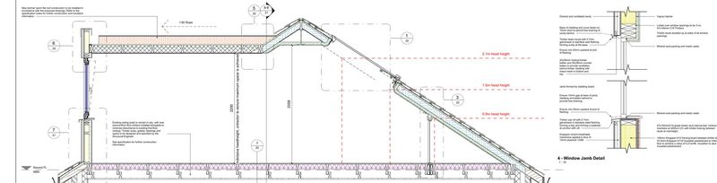 Extract from an Acre Design Building Regulations construction sheet for a loft conversion: section through the new dormer and roof with insulation build-ups, headroom lines and a window jamb detail