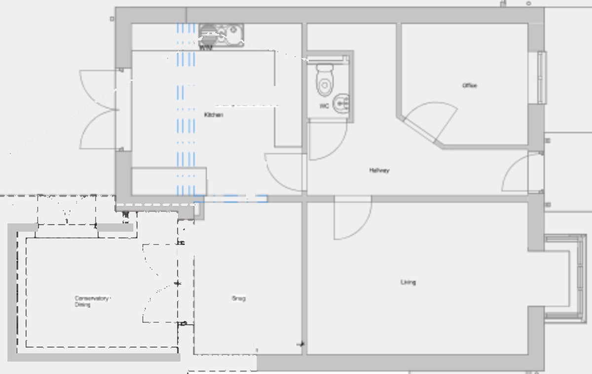 Existing ground-floor plan showing the conservatory, kitchen, snug and living room