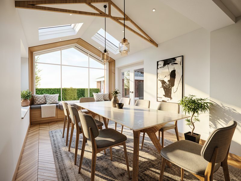 Proposed vaulted dining room with exposed timber truss and apex glazing