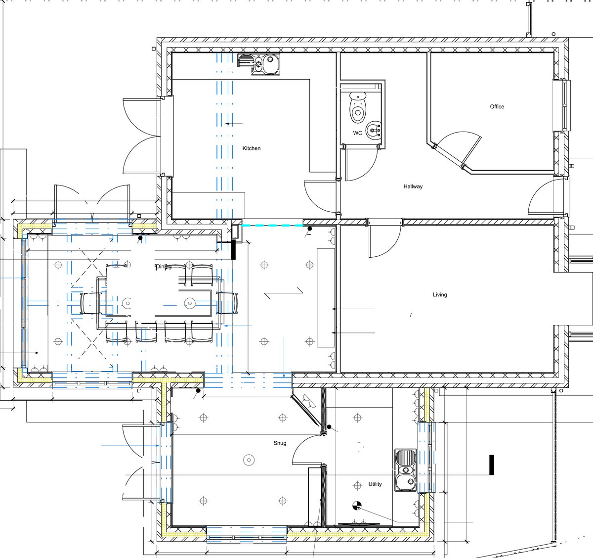 Proposed ground-floor plan showing the vaulted dining extension, snug and utility room